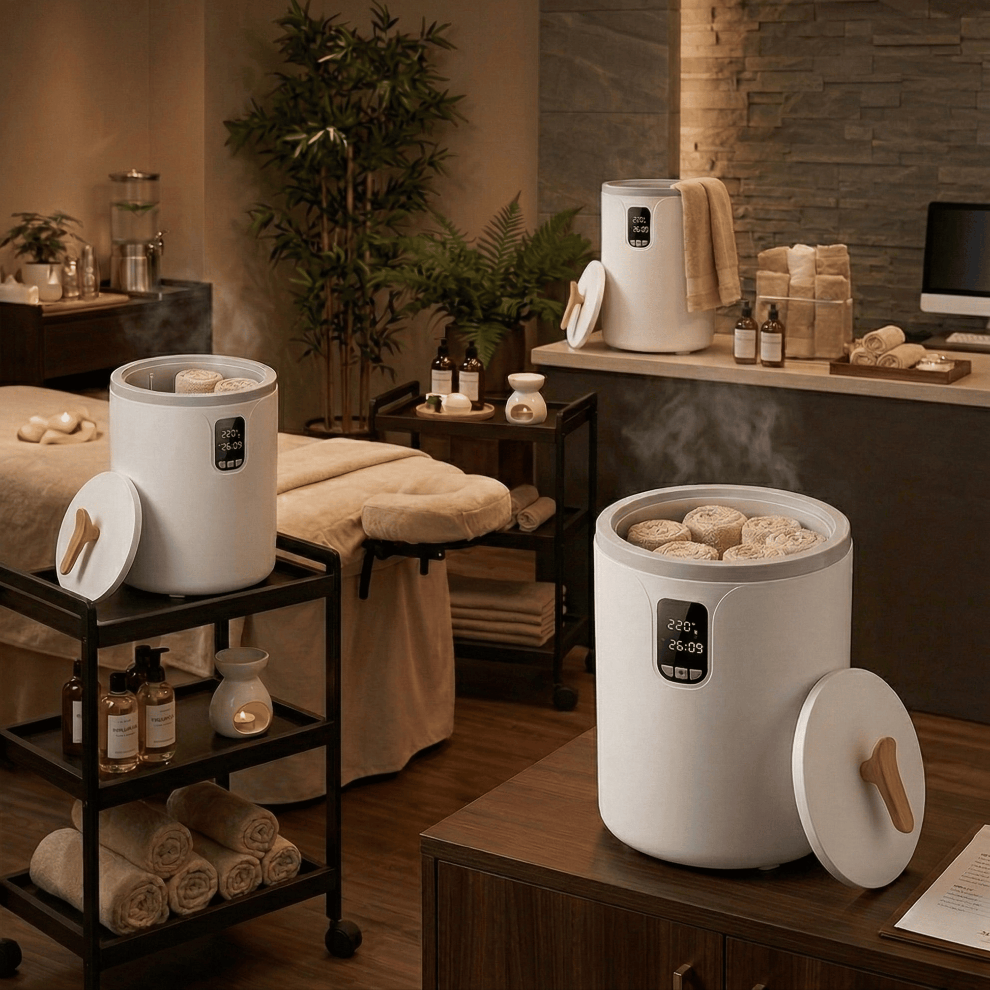 Chauffe-Serviettes Spa Pro 20L – Aromathérapie & Minuterie - Atelier Massage